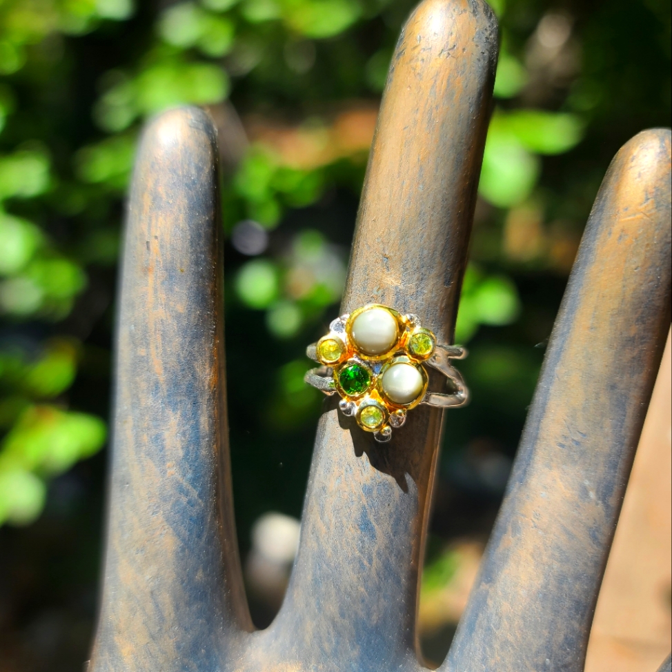 Cays Eye Moonstone Citrine &Chrome Diopside Sterling &Gold Ring Sz7
